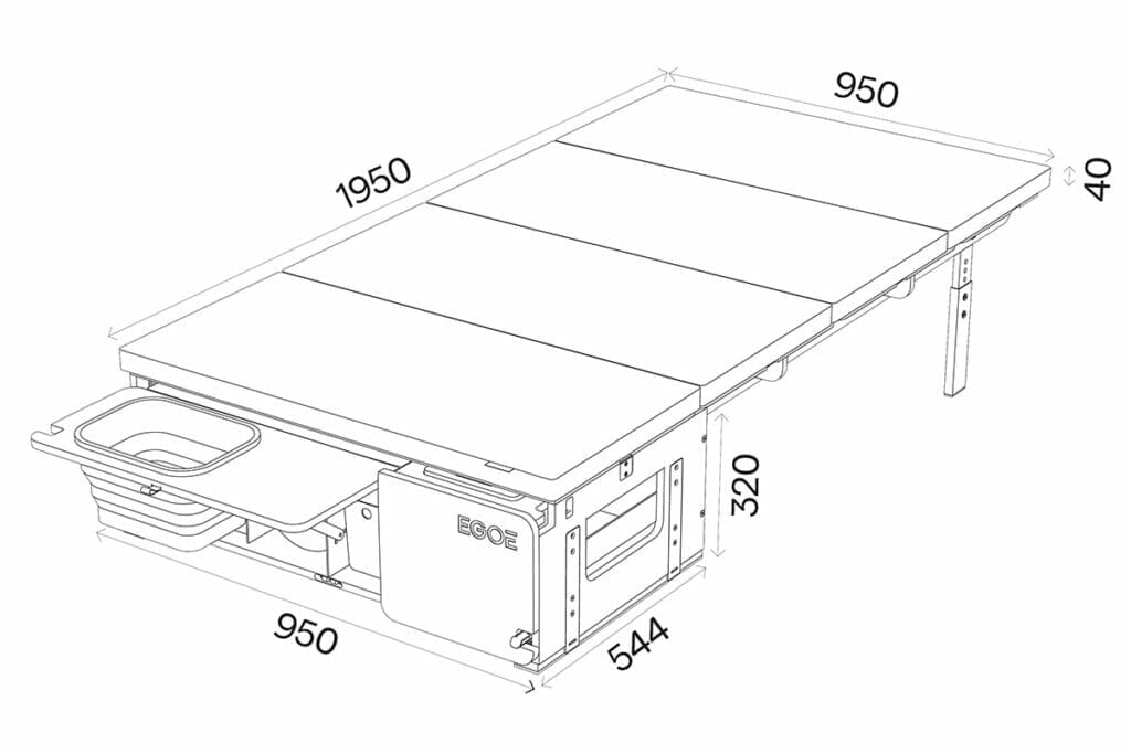 Skizze von Campingbox von EGOÉ Tramp 250 Kochmodul / Heckküche mit ausgelegter Liegefläche